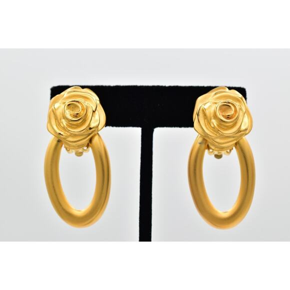 Givenchy Vintage Rose Clip On Earrings Brushed Gold Flower Chunky Signed BinAG - Picture 1 of 12
